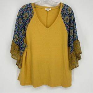 Umgee V-Neck Gold & Blue Waffle Knit Semi Sheer Sleeve Top/Blouse Size M